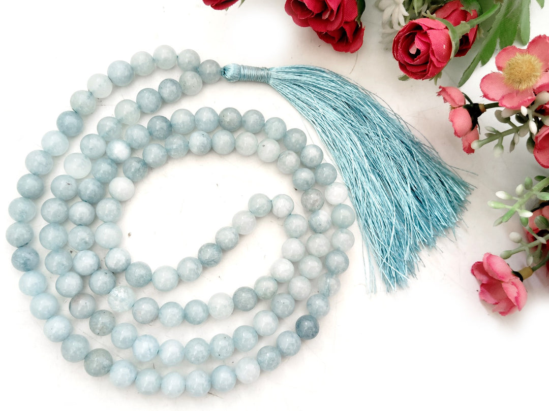  Natural Round Aquamarine Gemstone 108 + 1 Beads Necklace | Original Aquamarine Stone Chakra Mala