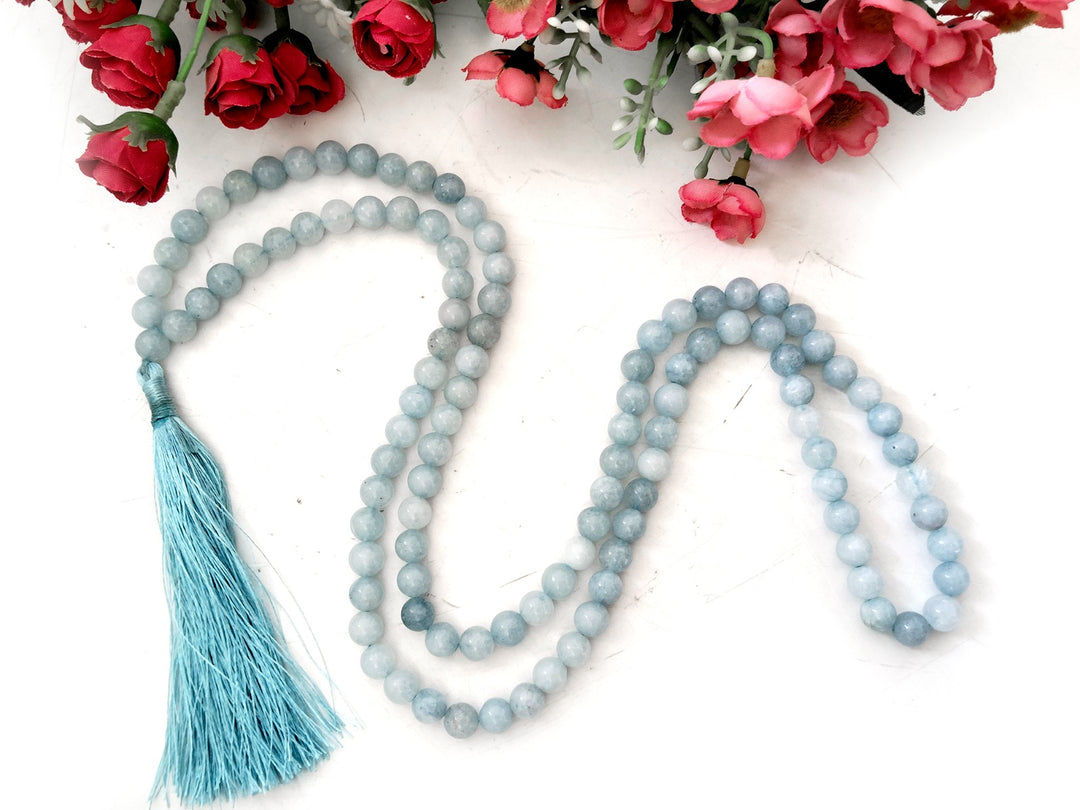 Natural Round Aquamarine Gemstone 108 + 1 Beads Necklace | Original Aquamarine Stone Chakra Mala