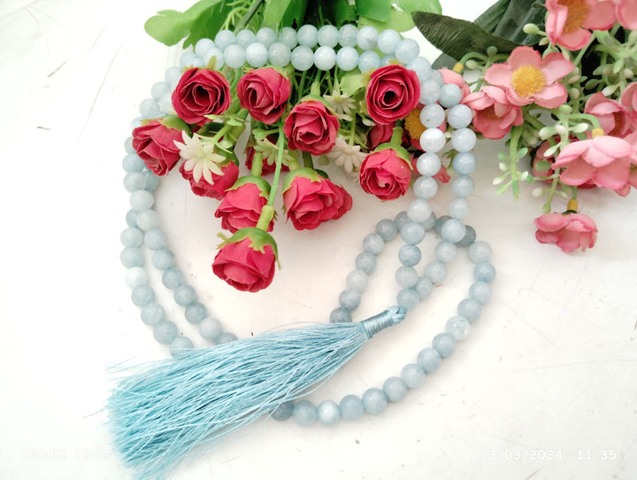  Natural Round Aquamarine Gemstone 108 + 1 Beads Necklace | Original Aquamarine Stone Chakra Mala