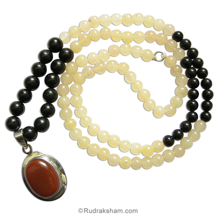 Yellow Aventurine and Black Agate Beads Necklace | Kali Hakik and Aventurine Smooth round beads with brown stone silver pendant