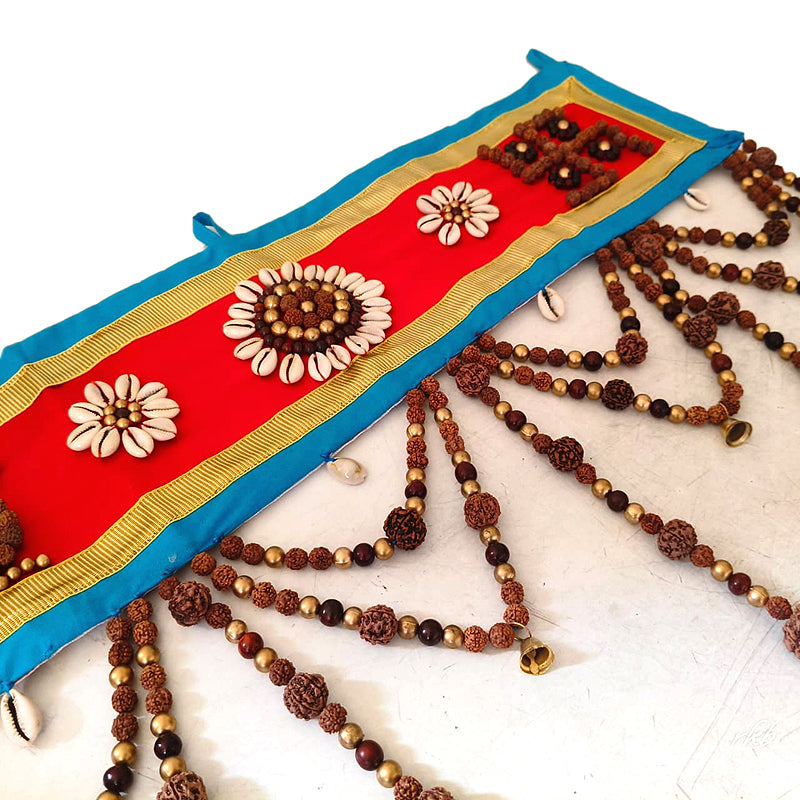 Rudraksham Door Hanging - Bandhanwar, Exclusive Hand Made Toran with Rudraksha Beads, Red Sandalwood Beads, Kaudi / Cowires and Bells