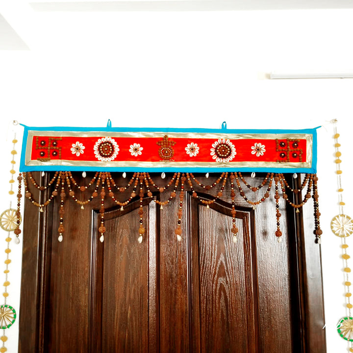 Rudraksham Door Hanging - Bandhanwar, Exclusive Hand Made Toran with Rudraksha Beads, Red Sandalwood Beads, Kaudi / Cowires and Bells