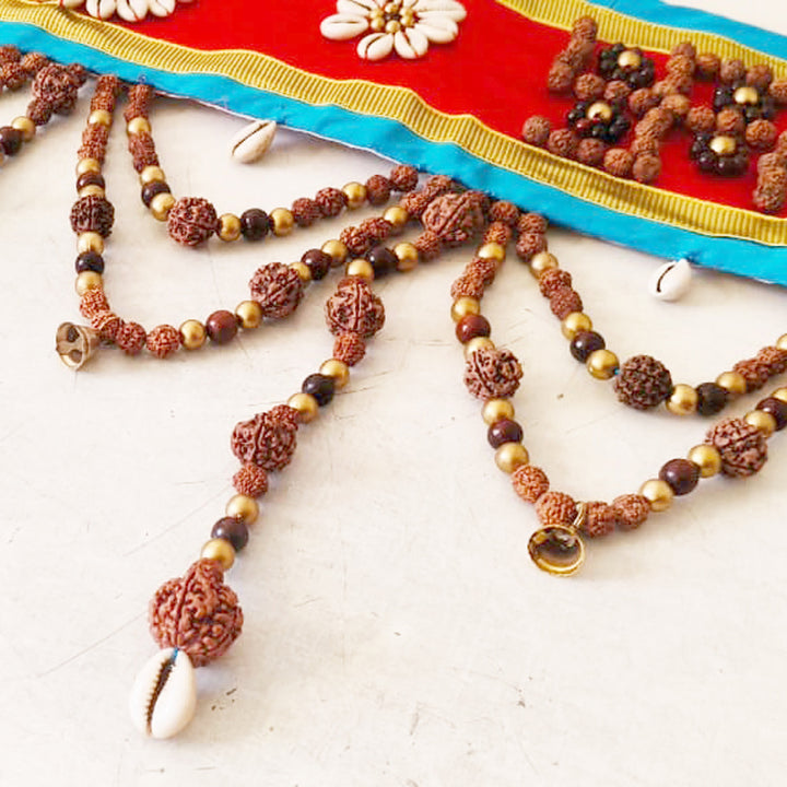Rudraksham Door Hanging - Bandhanwar, Exclusive Hand Made Toran with Rudraksha Beads, Red Sandalwood Beads, Kaudi / Cowires and Bells