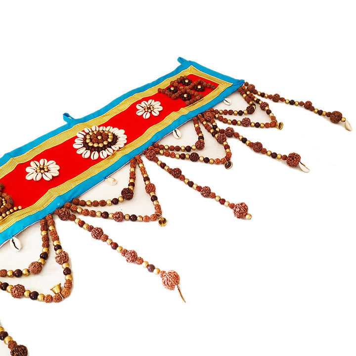 Rudraksham Door Hanging - Bandhanwar, Exclusive Hand Made Toran with Rudraksha Beads, Red Sandalwood Beads, Kaudi / Cowires and Bells