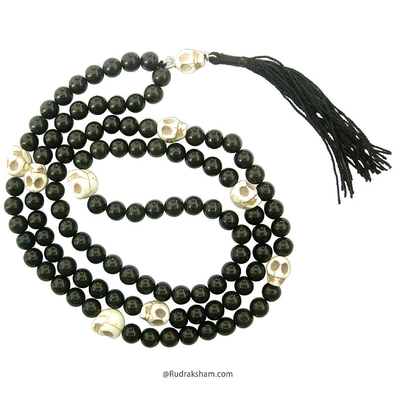 Black Agate Natural Stone Mala with Skull Beads | Original Kali Hakik and Mund ( Narmund ) Mala | Goddess Kali Mala for Protection