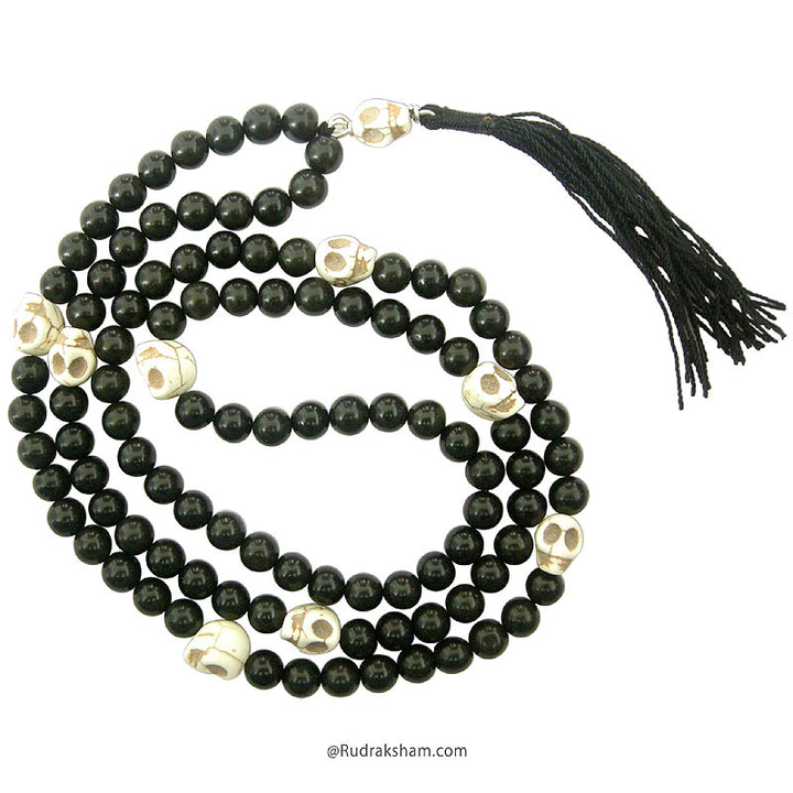 Black Agate Natural Stone Mala with Skull Beads | Original Kali Hakik and Mund ( Narmund ) Mala | Goddess Kali Mala for Protection