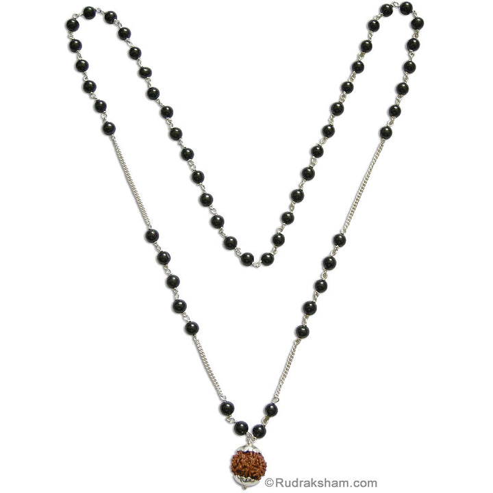Natural Black Agate ( Kali Hakik ) 54 Beads Mala Necklace with Silver Chain | Black Hakik Smooth Round Beads Necklace with 5 Mukhi Rudraksha Silver Pendant