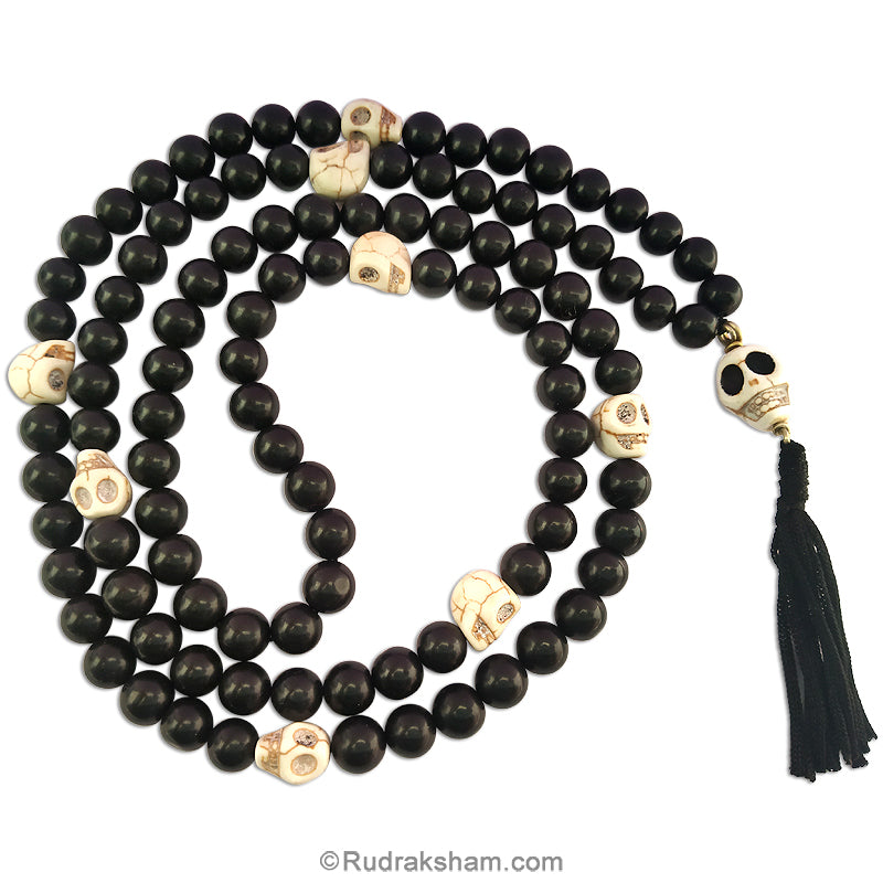 Black Agate Natural Stone Mala with Skull Beads | Original Kali Hakik and Mund ( Narmund ) Mala | Goddess Kali Mala for Protection