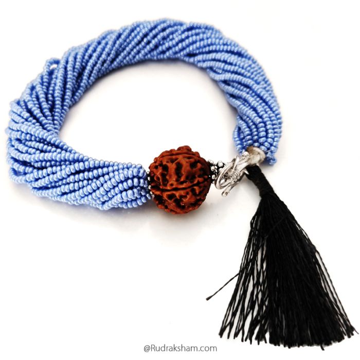 5 Mukhi Rudraksha with Blue Seed Beads Bracelet, Panch Mukhi Rudraksha Mala Bracelet with Seed Beads, Original 5 Mukhi Nepal Rudraksha