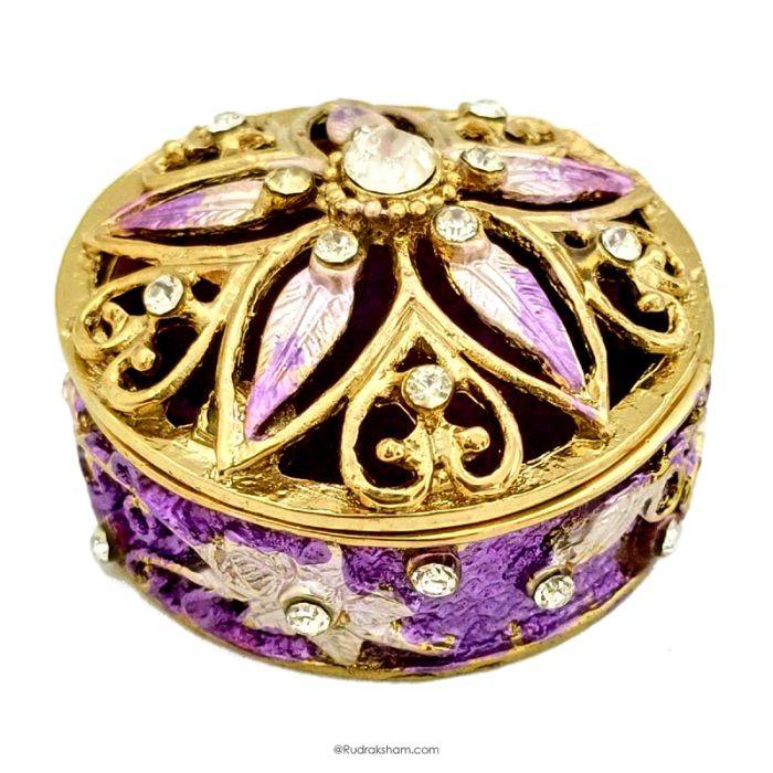 Vintage Design Purple Colour Enamel Designer Metal Trinket / Rudraksha Box with Stones | Box for Jewellery and Rudraksha Beads Collection