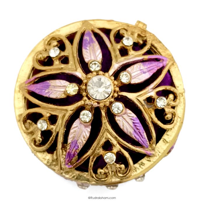 Vintage Design Purple Colour Enamel Designer Metal Trinket / Rudraksha Box with Stones | Box for Jewellery and Rudraksha Beads Collection