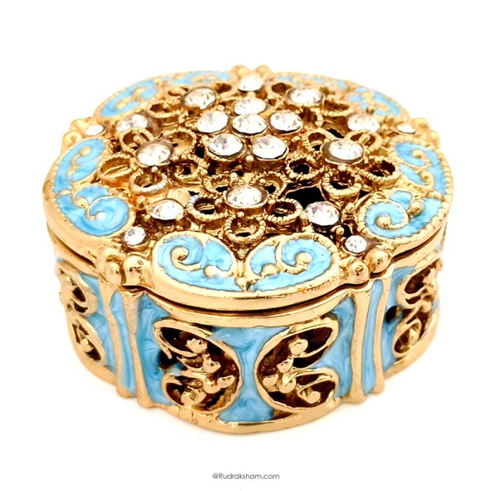 Large Vintage Design Sky Blue Colour Enamel Designer Metal Rudraksha / Trinket Box with Stones | Box for Jewellery and Rudraksha Beads Collection