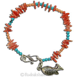 Coral Moonga and Turquoise Gemstone Bead Bracelet with Silver Fish Pendant