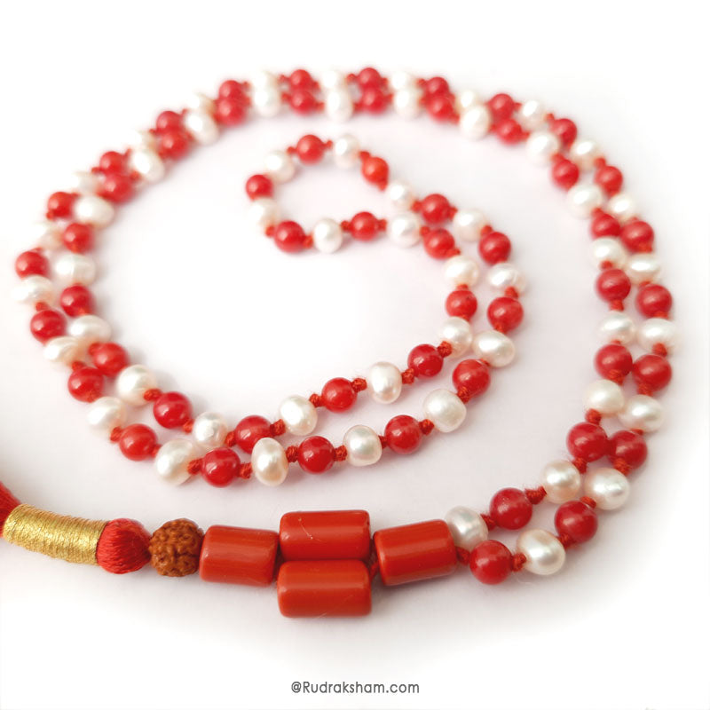  Pearl Coral Mala Thread | Coral Pearl Round Beads Necklace | Pearl and Coral Combination Mala 