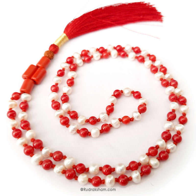  Pearl Coral Mala Thread | Coral Pearl Round Beads Necklace | Pearl and Coral Combination Mala 