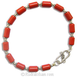 Red Coral Moonga Beads Bracelet in Silver