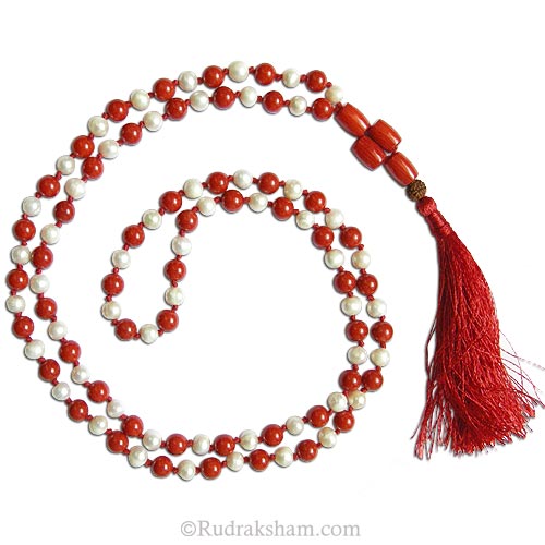  Pearl Coral Mala Thread | Coral Pearl Round Beads Necklace | Pearl and Coral Combination Mala 