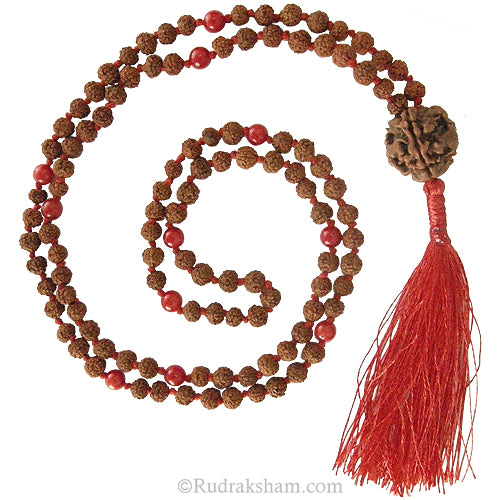 Rudraksha Beads - Round Red Coral Gemstone Beads combination Mala Rosary Hand knotted in Thread With 3 Mukhi Rudraksha