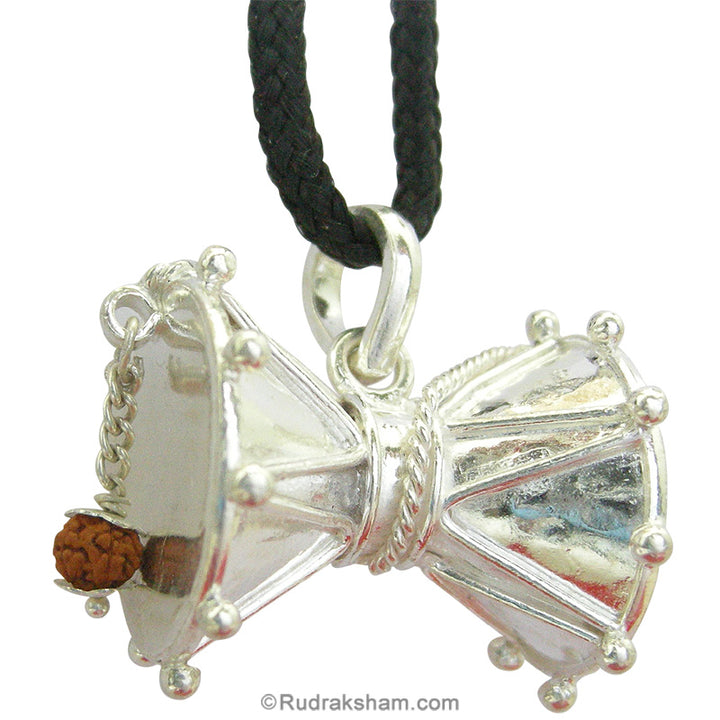 Damroo Silver pendant with Rudraksha Beads, Silver Damru Necklace, Damaru