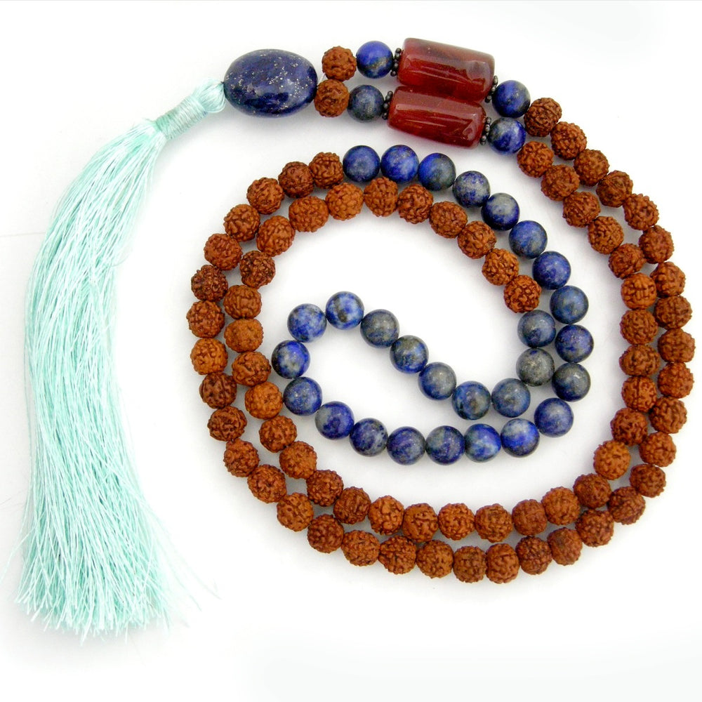 Rudraksha Beads Lapis Lazuli Gemstone and Orange Carnelian Gemstone Beads Healing Mala Necklace | 108 Beads Chakra Mala Rosary with Silver Accessories and Tassel 