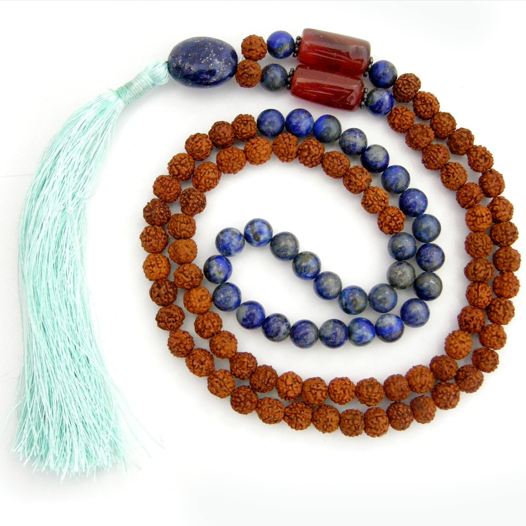 Rudraksha Beads Lapis Lazuli Gemstone and Orange Carnelian Gemstone Beads Healing Mala Necklace | 108 Beads Chakra Mala Rosary with Silver Accessories and Tassel 