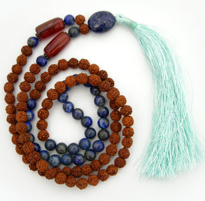 Rudraksha Beads Lapis Lazuli Gemstone and Orange Carnelian Gemstone Beads Healing Mala Necklace | 108 Beads Chakra Mala Rosary with Silver Accessories and Tassel 