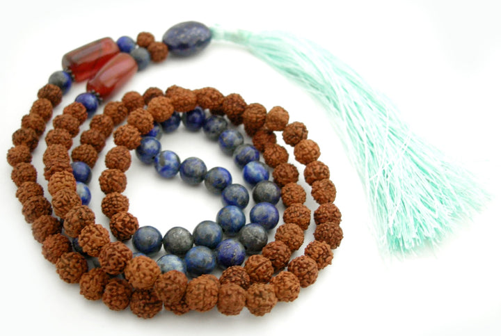 Rudraksha Beads Lapis Lazuli Gemstone and Orange Carnelian Gemstone Beads Healing Mala Necklace | 108 Beads Chakra Mala Rosary with Silver Accessories and Tassel 
