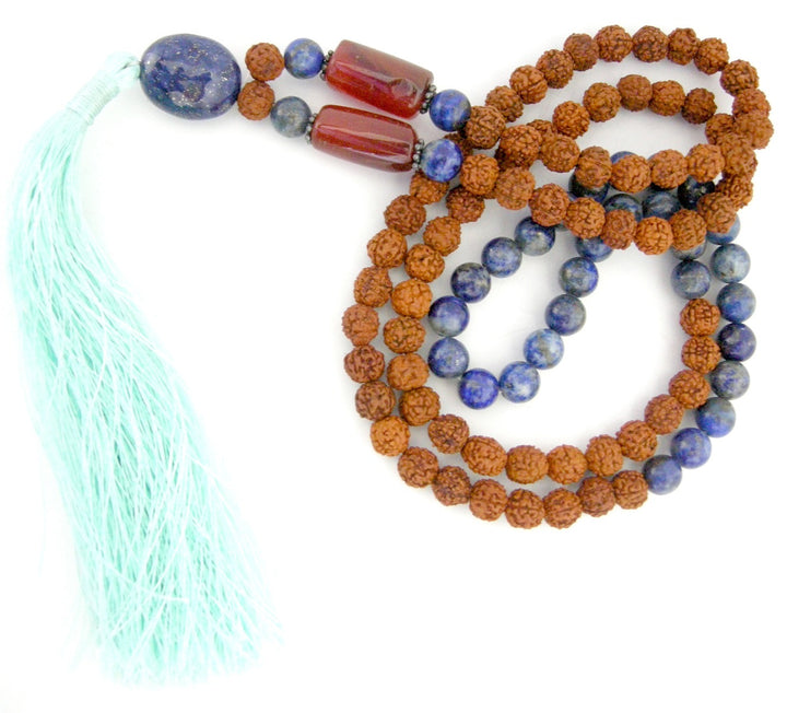 Rudraksha Beads Lapis Lazuli Gemstone and Orange Carnelian Gemstone Beads Healing Mala Necklace | 108 Beads Chakra Mala Rosary with Silver Accessories and Tassel 