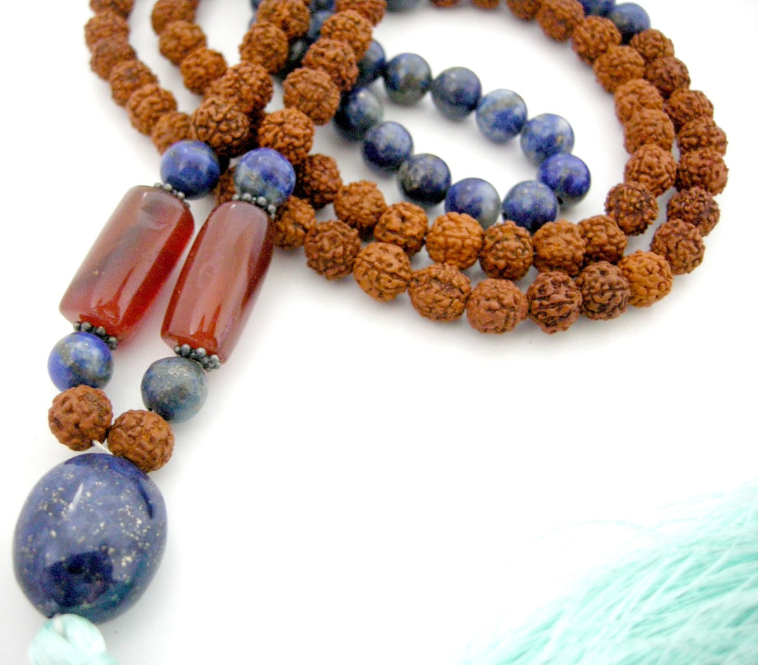 Rudraksha Beads Lapis Lazuli Gemstone and Orange Carnelian Gemstone Beads Healing Mala Necklace | 108 Beads Chakra Mala Rosary with Silver Accessories and Tassel 
