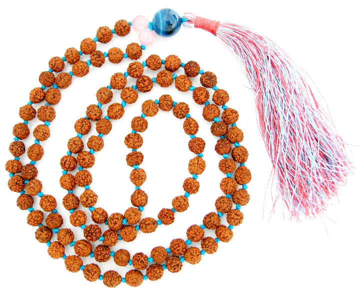 Rudraksha Beads Rose Quartz Crystal Beads and Blue Onyx Gemstone Bead Healing Mala Necklace | 108 Smooth Round Beads Chakra Mala Rosary Hand knotted with Multicolored Silk Tassel