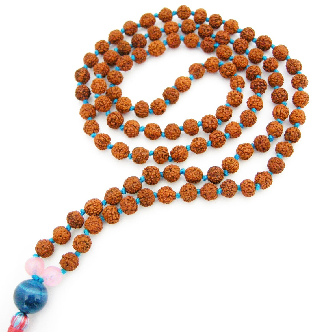 Rudraksha Beads Rose Quartz Crystal Beads and Blue Onyx Gemstone Bead Healing Mala Necklace | 108 Smooth Round Beads Chakra Mala Rosary Hand knotted with Multicolored Silk Tassel