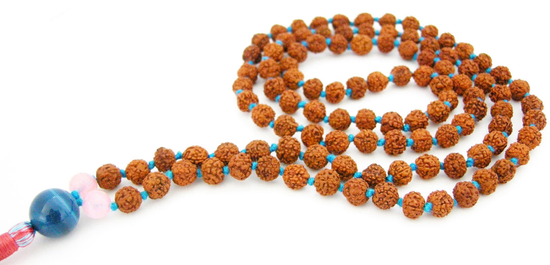 Rudraksha Beads Rose Quartz Crystal Beads and Blue Onyx Gemstone Bead Healing Mala Necklace | 108 Smooth Round Beads Chakra Mala Rosary Hand knotted with Multicolored Silk Tassel