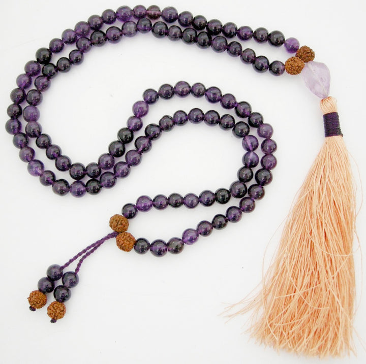 Amethyst Gemstone Beads and Rudraksha Beads Healing Mala Necklace | 108 Smooth Round Beads Chakra Mala Rosary with Silk Tassel and Amethyst Cut stone Sumeru