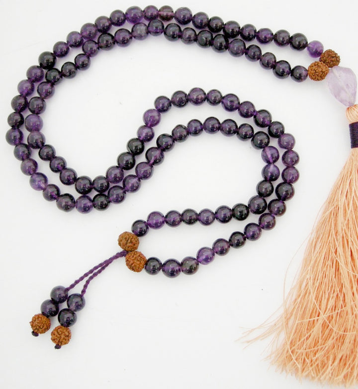 Amethyst Gemstone Beads and Rudraksha Beads Healing Mala Necklace | 108 Smooth Round Beads Chakra Mala Rosary with Silk Tassel and Amethyst Cut stone Sumeru