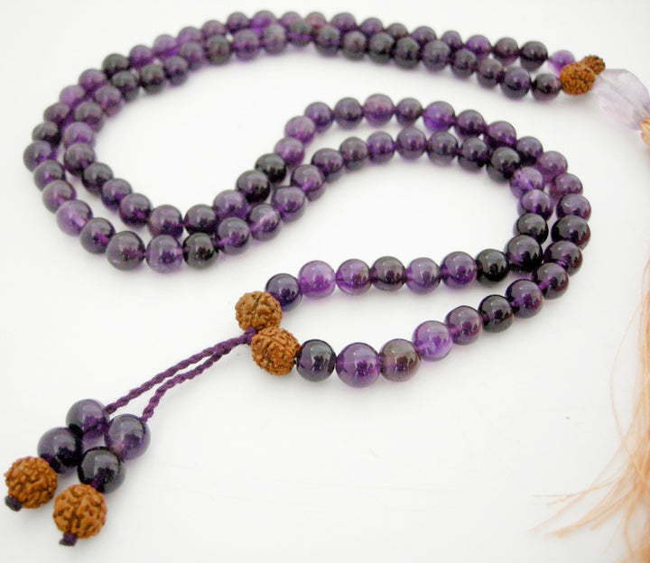 Amethyst Gemstone Beads and Rudraksha Beads Healing Mala Necklace | 108 Smooth Round Beads Chakra Mala Rosary with Silk Tassel and Amethyst Cut stone Sumeru