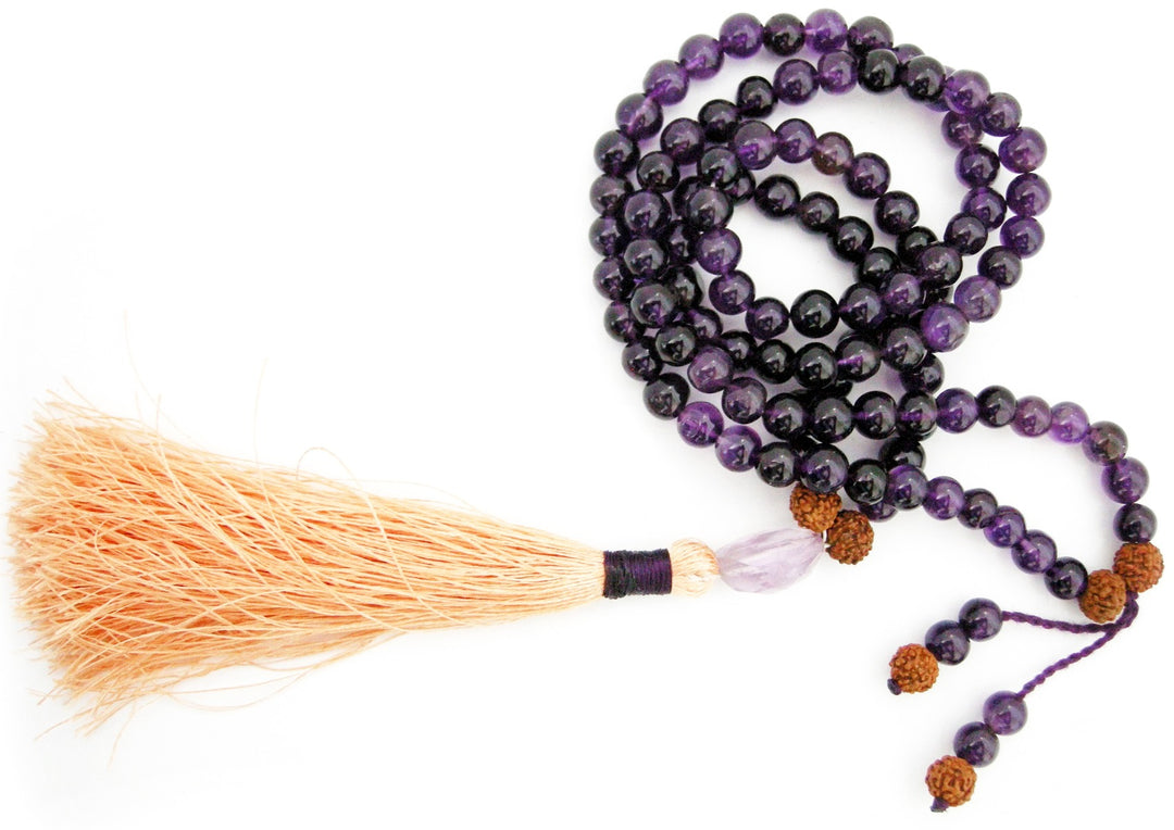 Amethyst Gemstone Beads and Rudraksha Beads Healing Mala Necklace | 108 Smooth Round Beads Chakra Mala Rosary with Silk Tassel and Amethyst Cut stone Sumeru