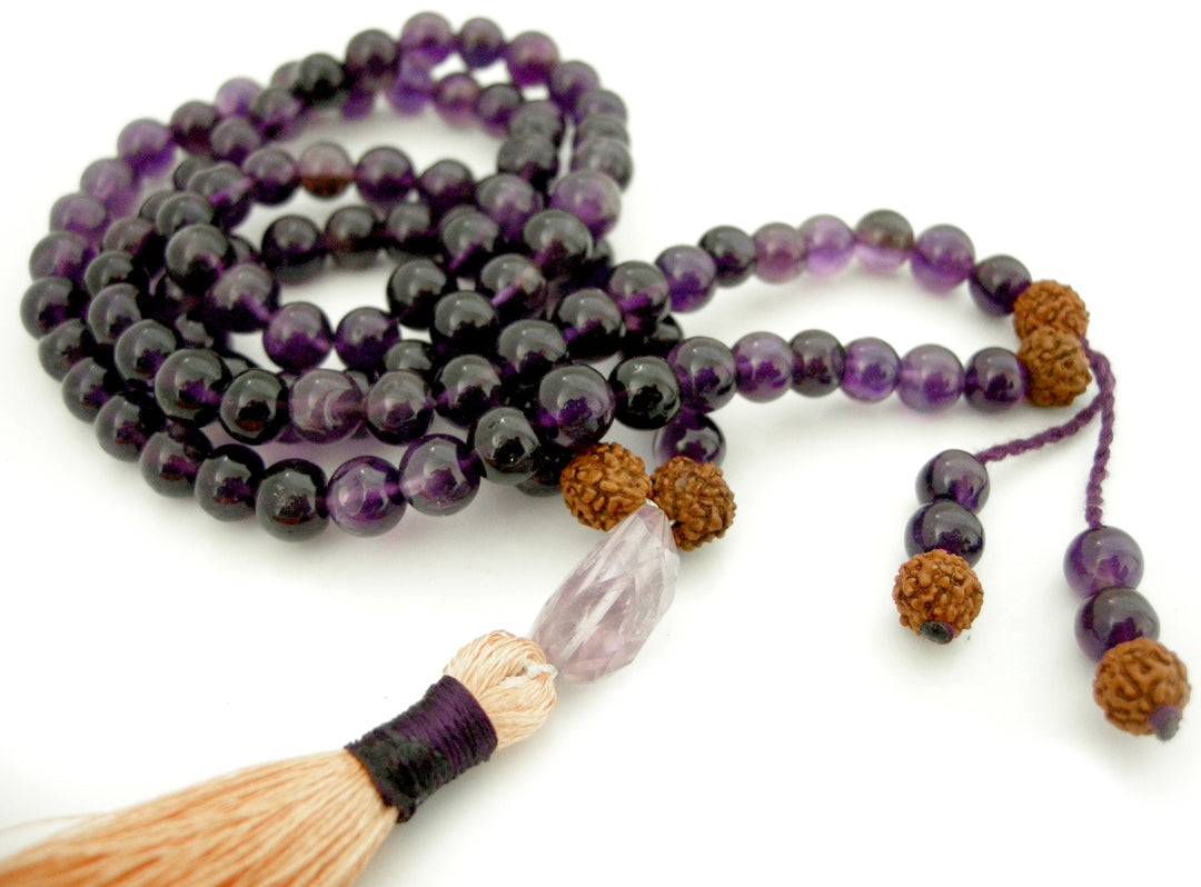 Amethyst Gemstone Beads and Rudraksha Beads Healing Mala Necklace | 108 Smooth Round Beads Chakra Mala Rosary with Silk Tassel and Amethyst Cut stone Sumeru