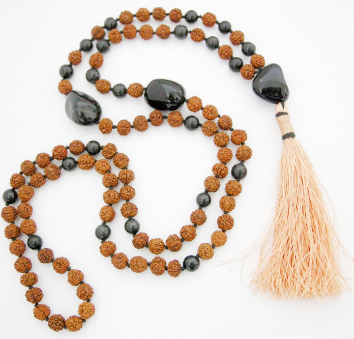 Rudraksha Beads Black Hakik ( Agate ) Beads and Black Onyx Gemstone Beads Healing Mala Necklace | 108 Smooth Round Beads Chakra Mala Rosary Hand knotted with Silk Tassel