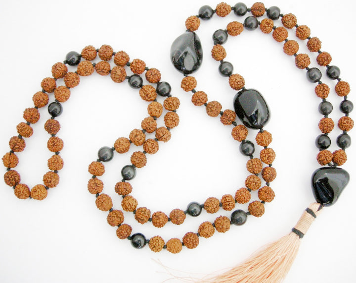 Rudraksha Beads Black Hakik ( Agate ) Beads and Black Onyx Gemstone Beads Healing Mala Necklace | 108 Smooth Round Beads Chakra Mala Rosary Hand knotted with Silk Tassel