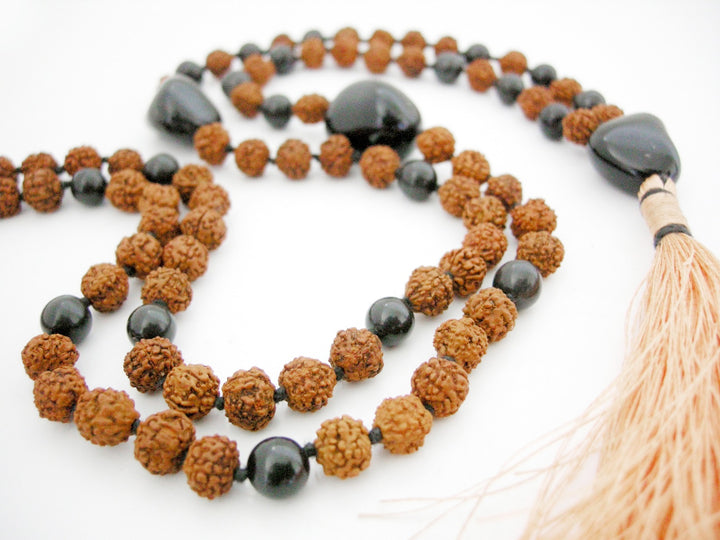 Rudraksha Beads Black Hakik ( Agate ) Beads and Black Onyx Gemstone Beads Healing Mala Necklace | 108 Smooth Round Beads Chakra Mala Rosary Hand knotted with Silk Tassel