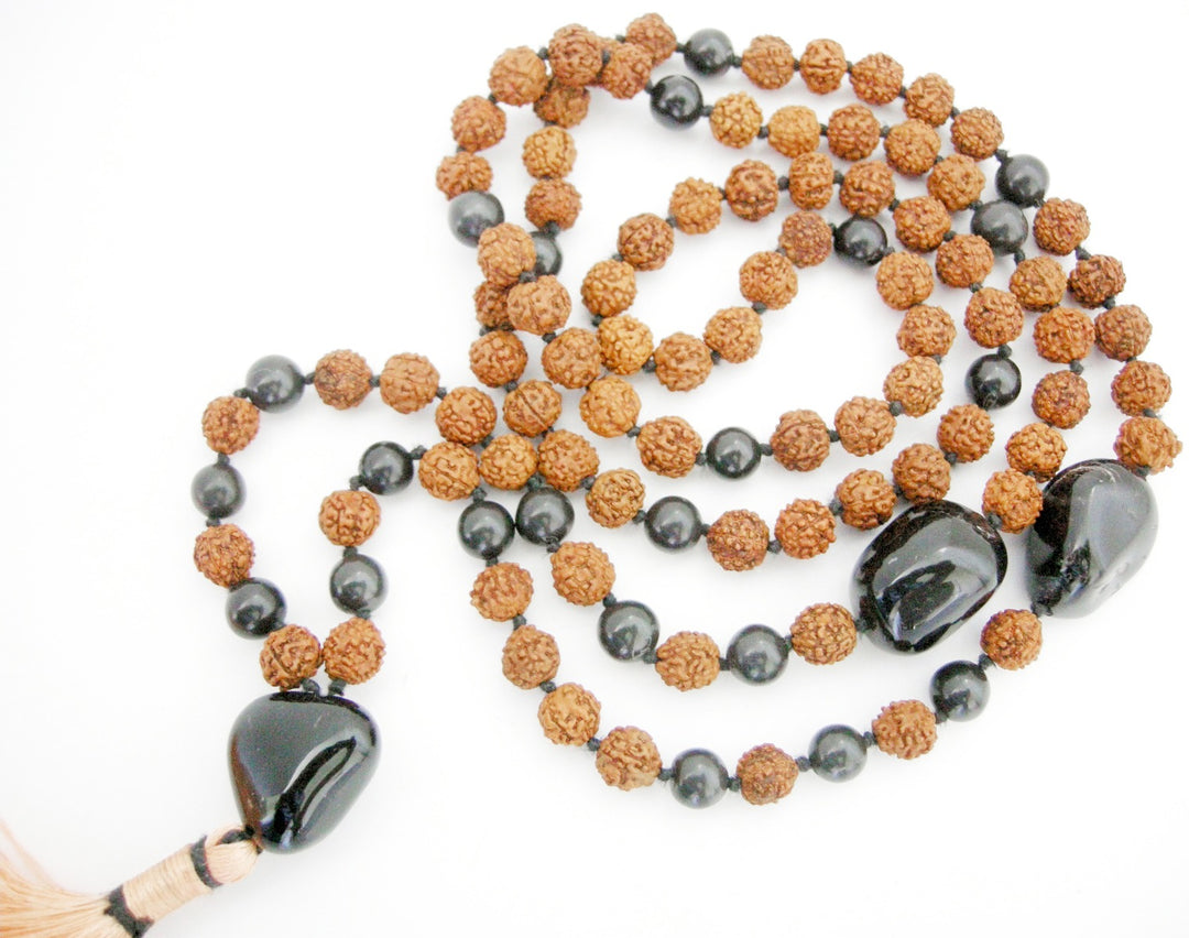 Rudraksha Beads Black Hakik ( Agate ) Beads and Black Onyx Gemstone Beads Healing Mala Necklace | 108 Smooth Round Beads Chakra Mala Rosary Hand knotted with Silk Tassel