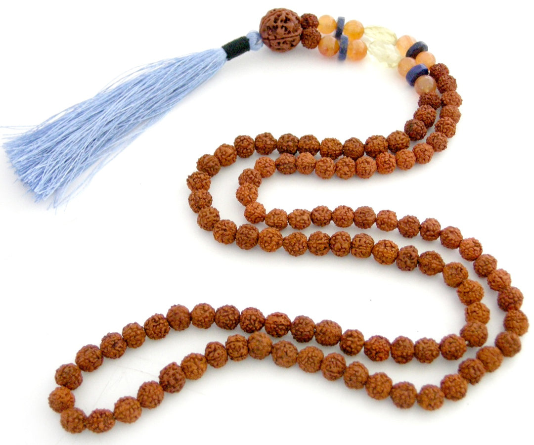  Orange Carnelian Gemstone Beads and Citrine Cut stone Gemstone Beads Healing Mala Necklace with 5 ( Paanch / Five ) Mukhi Rudraksha Bead as Sumeru | Chakra Mala Rosary