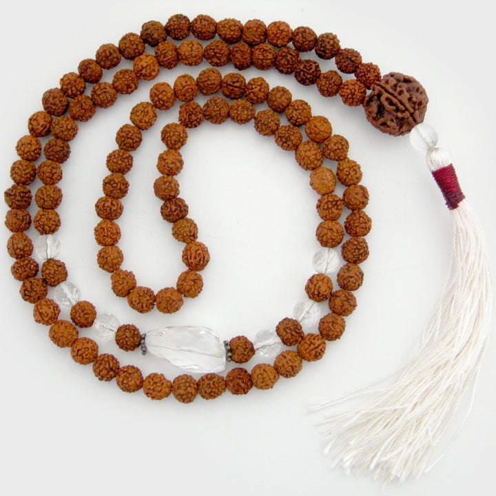 Rudraksha Beads and Sphatik Crystal ( Quartz ) Diamond Cut Gemstone Beads Healing Mala Necklace with 5 ( Paanch / Five ) Mukhi Rudraksha Bead as Sumeru | 108 Beads Chakra Mala Rosary