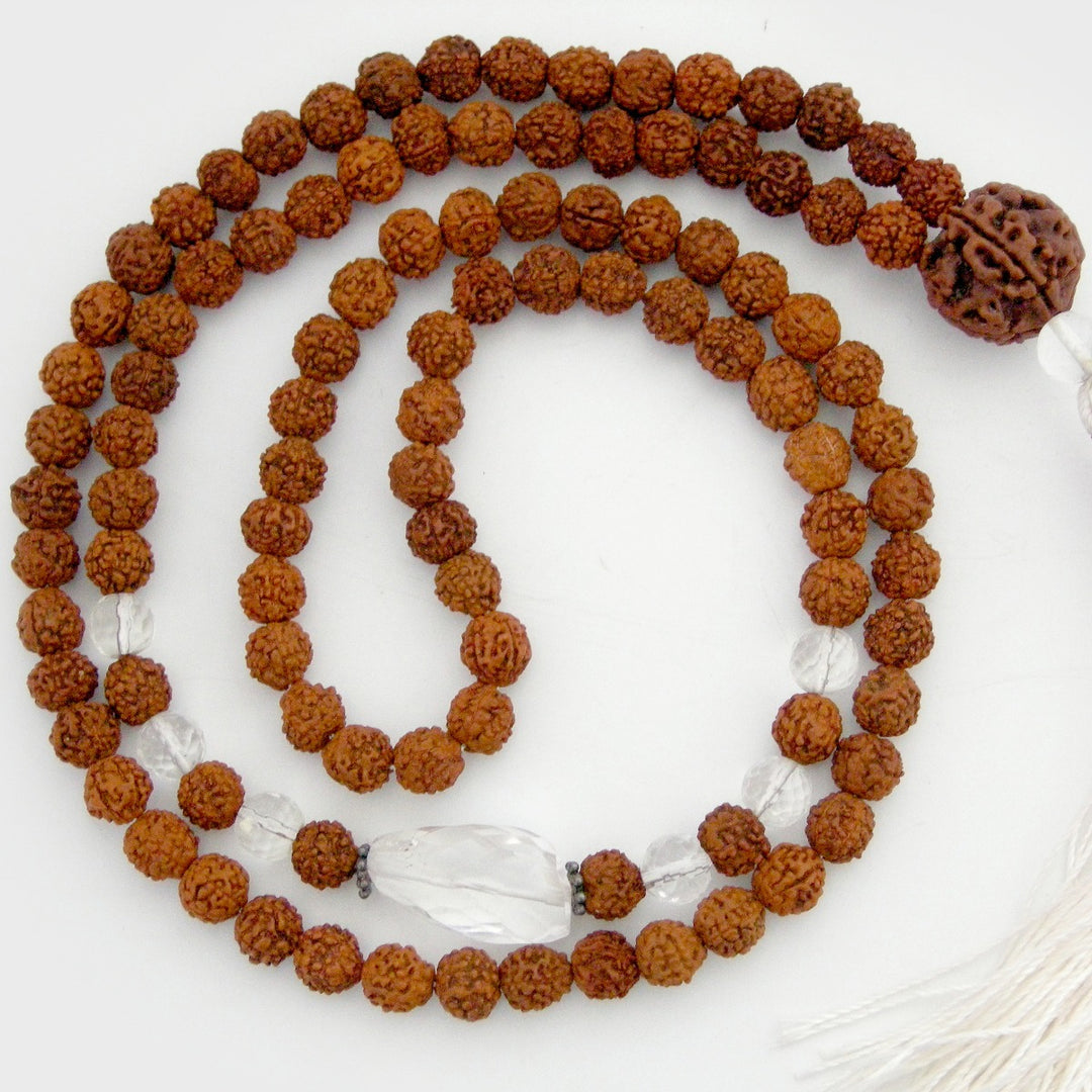 Rudraksha Beads and Sphatik Crystal ( Quartz ) Diamond Cut Gemstone Beads Healing Mala Necklace with 5 ( Paanch / Five ) Mukhi Rudraksha Bead as Sumeru | 108 Beads Chakra Mala Rosary 