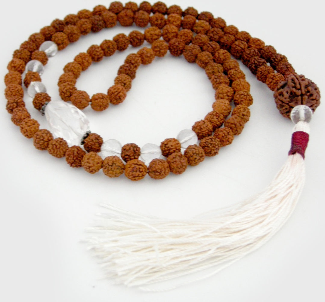 Rudraksha Beads and Sphatik Crystal ( Quartz ) Diamond Cut Gemstone Beads Healing Mala Necklace with 5 ( Paanch / Five ) Mukhi Rudraksha Bead as Sumeru | 108 Beads Chakra Mala Rosary 
