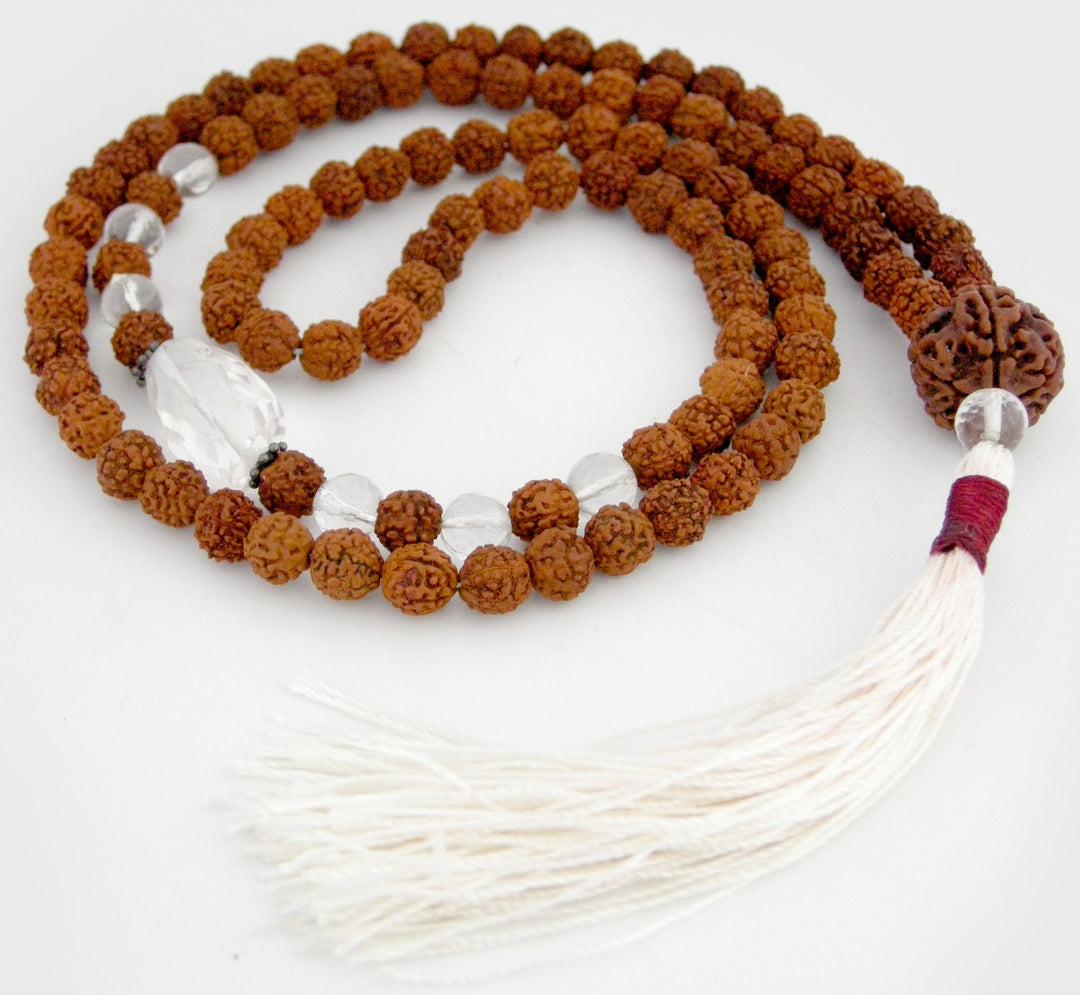 Rudraksha Beads and Sphatik Crystal ( Quartz ) Diamond Cut Gemstone Beads Healing Mala Necklace with 5 ( Paanch / Five ) Mukhi Rudraksha Bead as Sumeru | 108 Beads Chakra Mala Rosary 