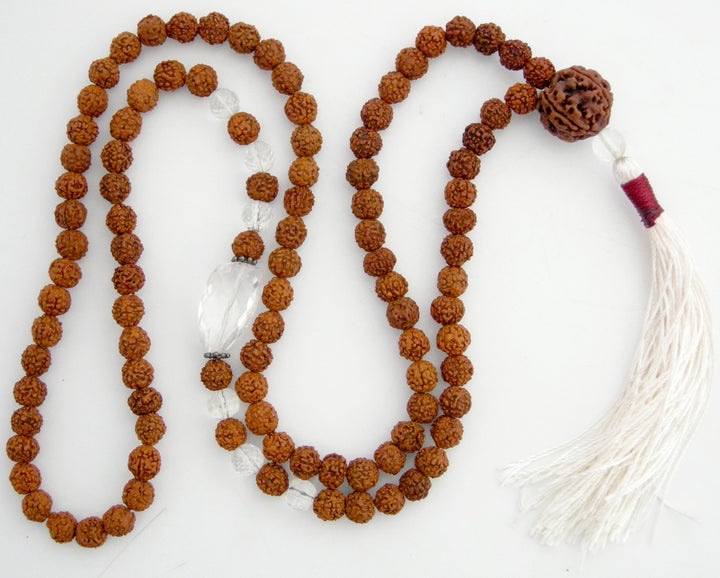 Rudraksha Beads and Sphatik Crystal ( Quartz ) Diamond Cut Gemstone Beads Healing Mala Necklace with 5 ( Paanch / Five ) Mukhi Rudraksha Bead as Sumeru | 108 Beads Chakra Mala Rosary 