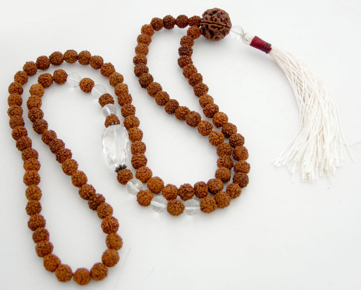 Rudraksha Beads and Sphatik Crystal ( Quartz ) Diamond Cut Gemstone Beads Healing Mala Necklace with 5 ( Paanch / Five ) Mukhi Rudraksha Bead as Sumeru | 108 Beads Chakra Mala Rosary 