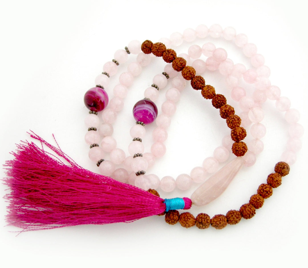 Rudraksha Beads Rose Quartz Gemstone and Pink Onyx Gemstone Beads Healing Mala Necklace | 108 Smooth Round Beads Chakra Mala Rosary with Silver accessories and Tassel