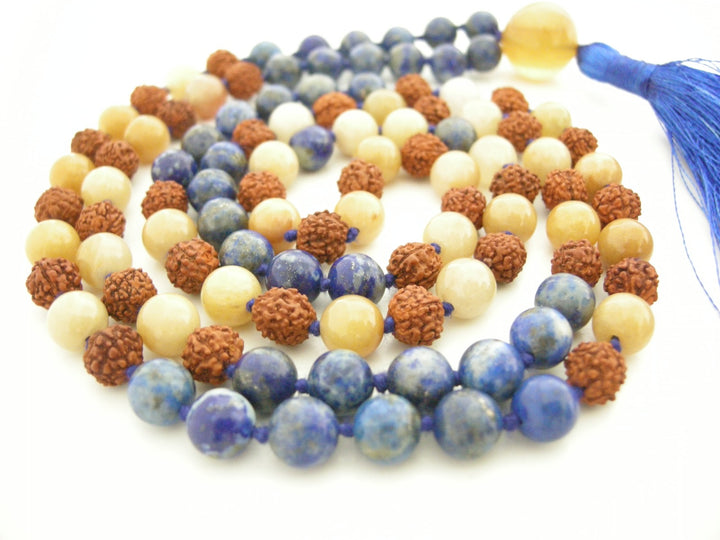 Rudraksha Beads Lapis Lazuli Gemstone and Yellow Aventurine Gemstone Beads Healing Mala Necklace | 108 Beads Chakra Mala Rosary